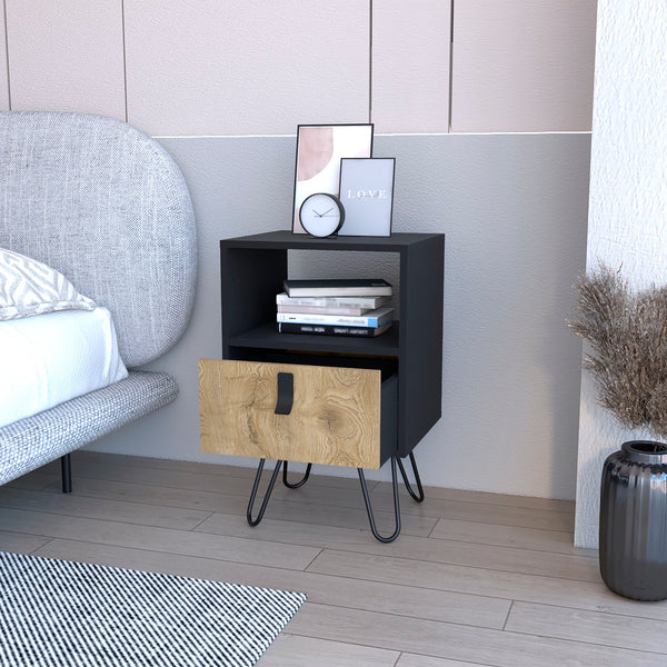 English Elm Wenge Nightstand with Macadamia Finish and Hairpin Legs — Compact Drawer, Open Shelf, Stylish Bedside Storage (24.8"H x 15.75"W x 13.78"D) B062P175196