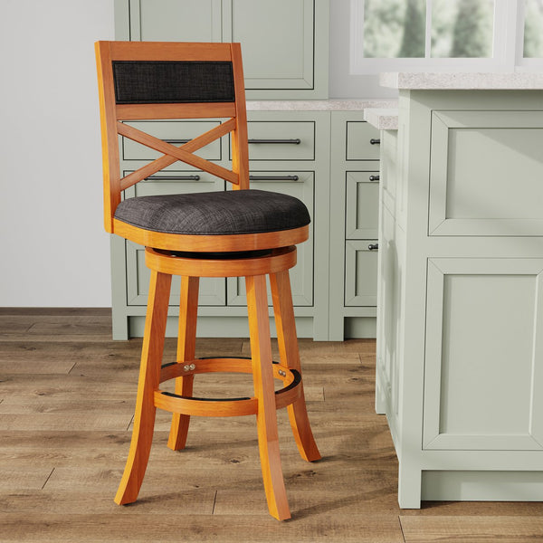 English Elm 30" Bar Height Swivel Stool – Classic X-Back Design With Charcoal Fabric Seat For Kitchen & Bar Decor B04660719