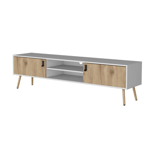 English Elm White White and Macadamia 2 Hinged Drawers TV Rack with Cable Management, Open Shelves, Modern Stand B062P175179