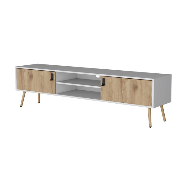 English Elm White White and Macadamia 2 Hinged Drawers TV Rack with Cable Management, Open Shelves, Modern Stand B062P175179