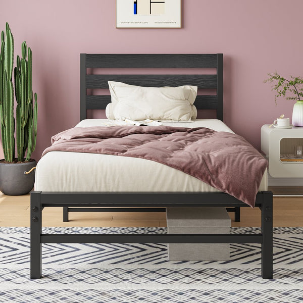 English Elm Twin Rustic Platform Bed Frame with Vintage Wood Headboard, 10.6" Under-Bed Storage, Heavy-Duty Steel Slats W840P164954