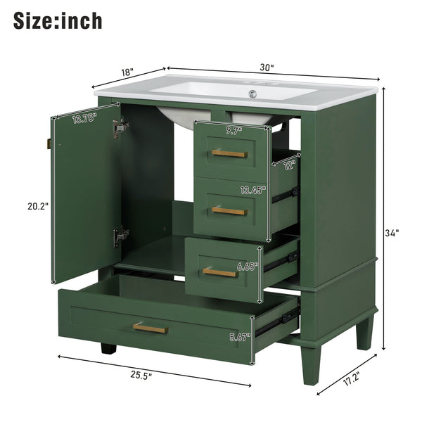 English Elm 30" Modern Bathroom Vanity with Solid Wood Frame, Ceramic Sink, Gold Handles & Soft-Close Storage Green WF321698AAF