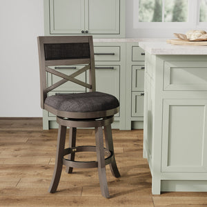 English Elm 24" Counter Height X-Back Swivel Stool - Weathered Gray, Charcoal Fabric & Stylish Comfort For Bars B04660722