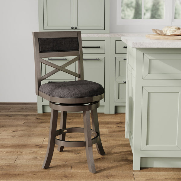 English Elm 24" Counter Height X-Back Swivel Stool - Weathered Gray, Charcoal Fabric & Stylish Comfort For Bars B04660722