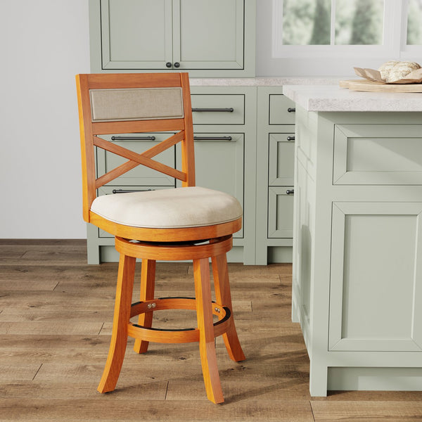 English Elm 24" Counter Height X-Back Swivel Stool with Padded Charcoal Seat, Solid Hardwood Frame, Durable Swivel mecanismo Natural B04660716