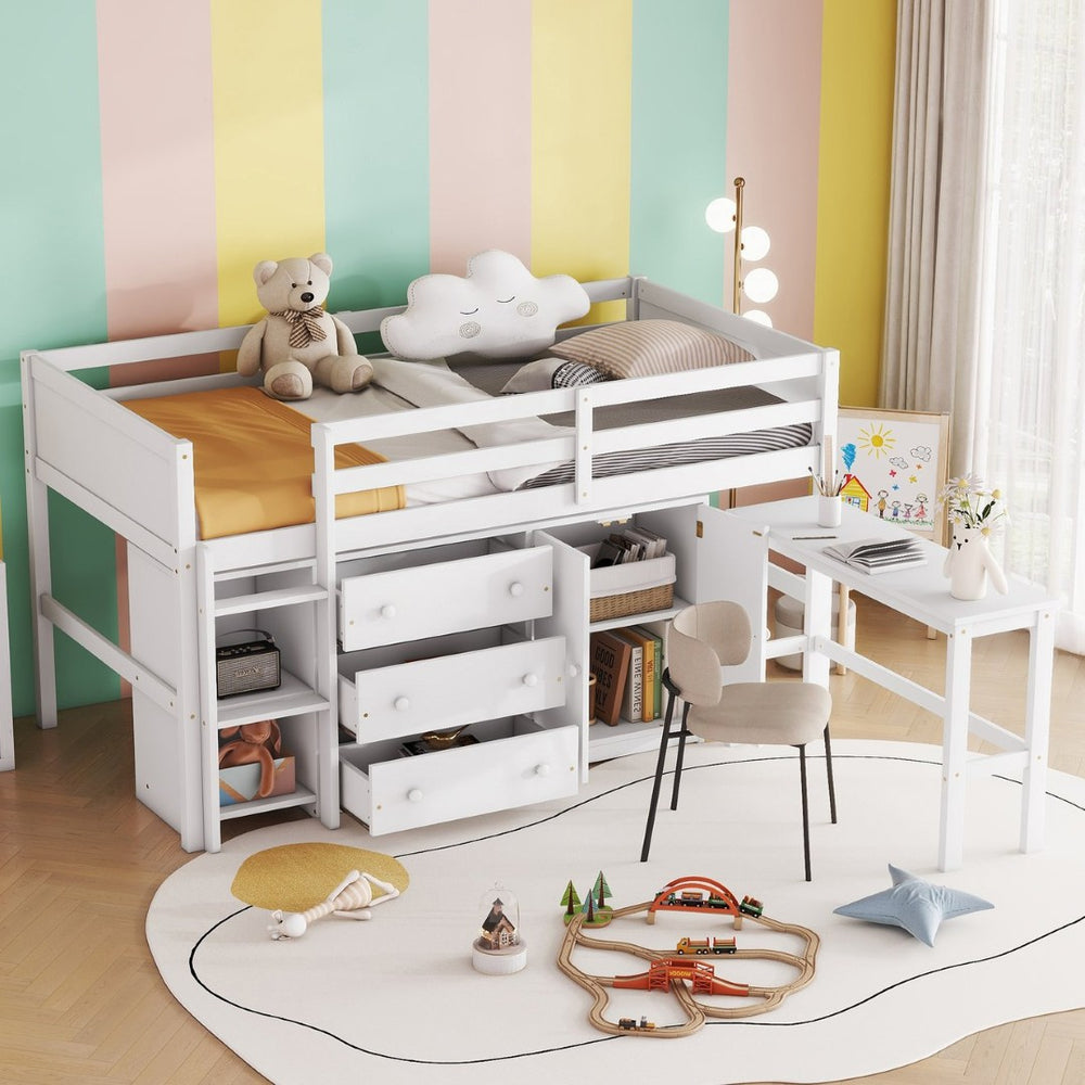 English Elm Twin Low Loft Bed with Pull Out Desk Drawers Cabinet and Shelves for Kids W697S00029