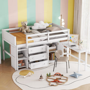 English Elm Twin Low Loft Bed with Pull Out Desk Drawers Cabinet and Shelves for Kids W697S00029