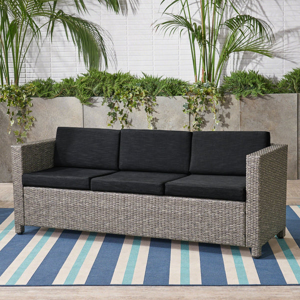 English Elm Christopher Knight Home® - PUERTA Outdoor 3-Seater Sofa with Weather-Resistant Cushions, Woven PE Rattan, Iron Frame, Modern Design 62979.00BLK