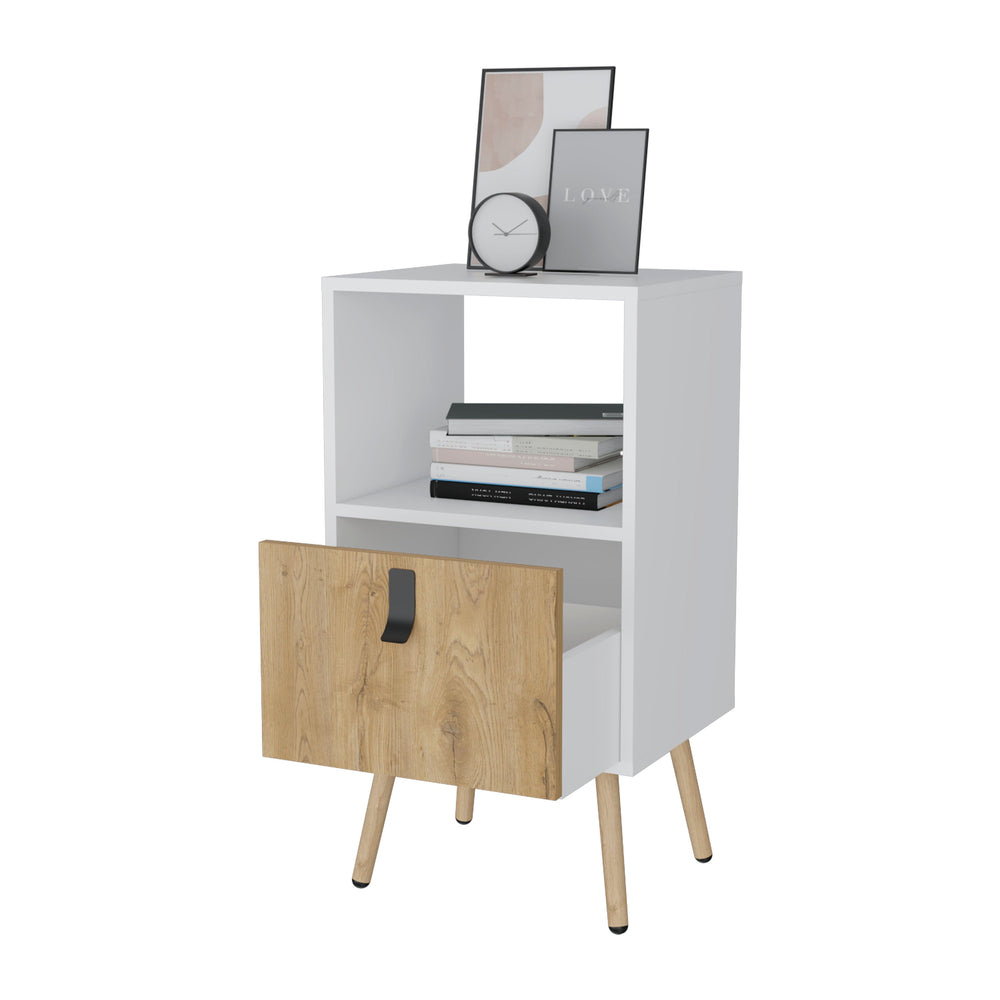 English Elm White Tall Nightstand with Macadamia Finish, Open Shelf & Deep Drawer on Wooden Legs for Bedrooms B062P175195