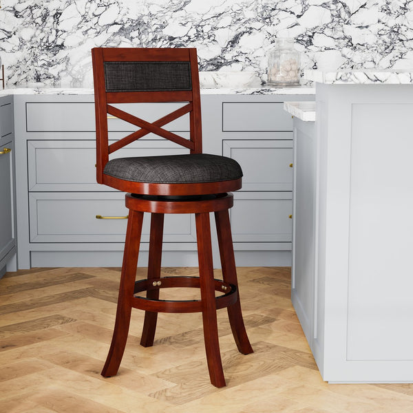 English Elm 30" Bar Height X-Back Swivel Stool - Cherry Finish, Charcoal Padded Seat, Perfect For Bars & Kitchens B04660711