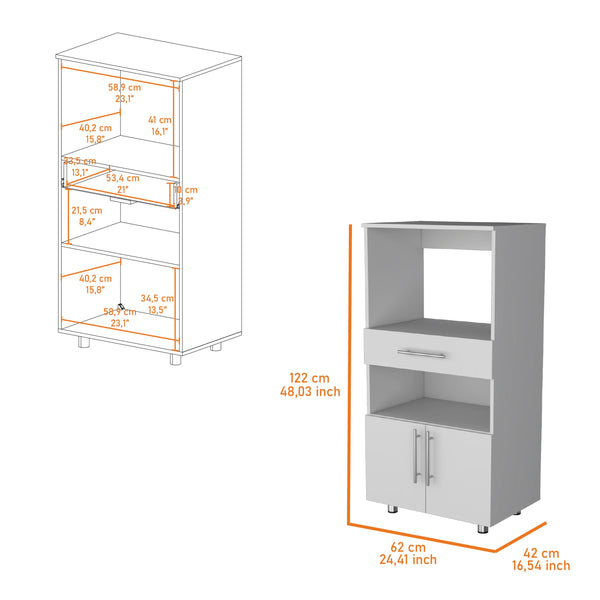 English Elm White Pantry Cabinet with Microwave Stand, Drawer, Open Shelf & Lower Cabinets — Sleek 48" White Finish B062P175202