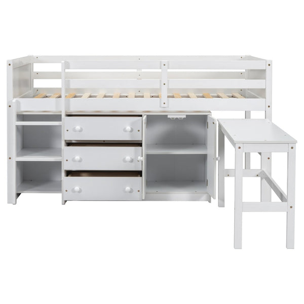 English Elm Twin Low Loft Bed with Pull Out Desk Drawers Cabinet and Shelves for Kids W697S00029