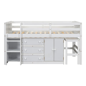 English Elm Twin Low Loft Bed with Pull Out Desk Drawers Cabinet and Shelves for Kids W697S00029