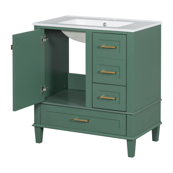 English Elm 30" Modern Bathroom Vanity with Solid Wood Frame, Ceramic Sink, Gold Handles & Soft-Close Storage Green WF321698AAF