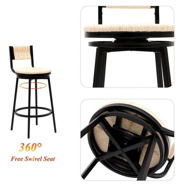 English Elm Creamy Hand Woven Paper Rope Swivel Barstools Set of 2 with Black Steel Frame for Kitchen Creamy White W1757P144565