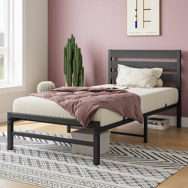 English Elm Twin Rustic Platform Bed Frame with Vintage Wood Headboard, 10.6" Under-Bed Storage, Heavy-Duty Steel Slats W840P164954