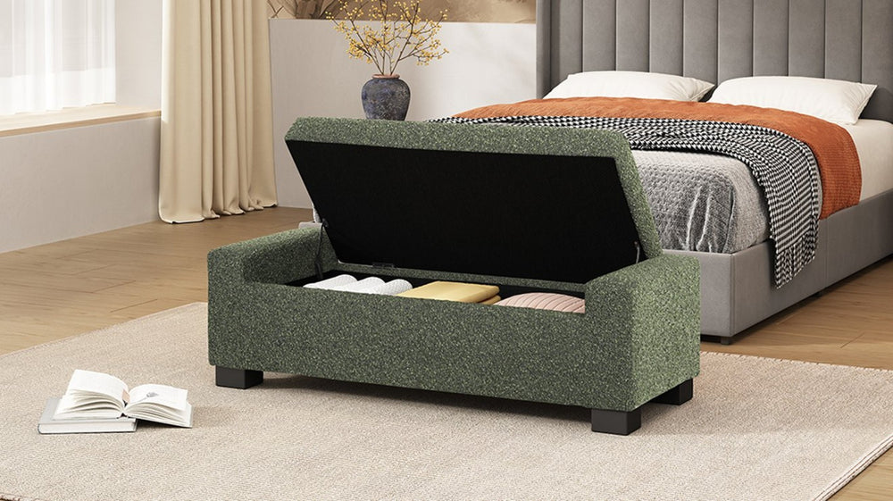 English Elm 50" Rectangular Storage Ottoman Bench Textured Fabric Birch Legs Hinged Lid Entryway 74862.00