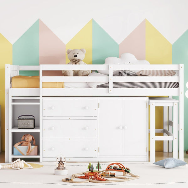 English Elm Twin Low Loft Bed with Pull Out Desk Drawers Cabinet and Shelves for Kids W697S00029