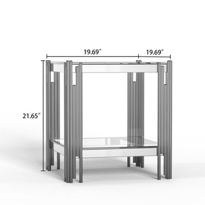 English Elm Modern Two Tier Tempered Glass End Table with Mirrored Stainless Steel Open Frame W1311P154231