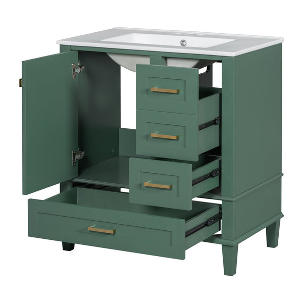 English Elm 30" Modern Bathroom Vanity with Solid Wood Frame, Ceramic Sink, Gold Handles & Soft-Close Storage Green WF321698AAF