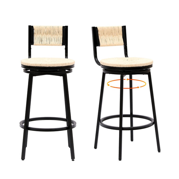 English Elm Creamy Hand Woven Paper Rope Swivel Barstools Set of 2 with Black Steel Frame for Kitchen Creamy White W1757P144565