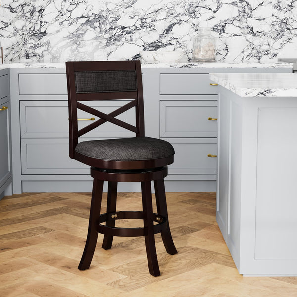 English Elm 24" Counter Height X-Back Swivel Stool with Padded Charcoal Seat, Solid Hardwood Frame, Durable Swivel mecanismo Espresso B04660714