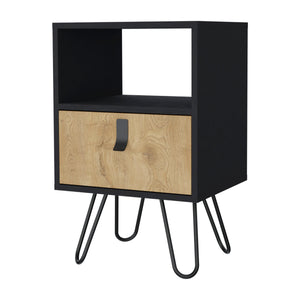 English Elm Wenge Nightstand with Macadamia Finish and Hairpin Legs — Compact Drawer, Open Shelf, Stylish Bedside Storage (24.8"H x 15.75"W x 13.78"D) B062P175196