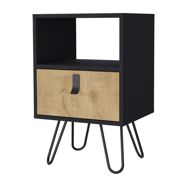 English Elm Wenge Nightstand with Macadamia Finish and Hairpin Legs — Compact Drawer, Open Shelf, Stylish Bedside Storage (24.8"H x 15.75"W x 13.78"D) B062P175196