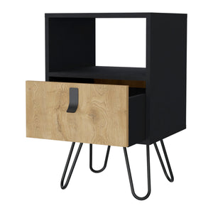 English Elm Wenge Nightstand with Macadamia Finish and Hairpin Legs — Compact Drawer, Open Shelf, Stylish Bedside Storage (24.8"H x 15.75"W x 13.78"D) B062P175196