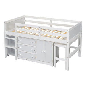 English Elm Twin Low Loft Bed with Pull Out Desk Drawers Cabinet and Shelves for Kids W697S00029