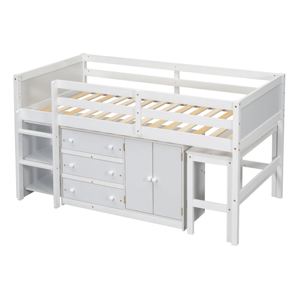 English Elm Twin Low Loft Bed with Pull Out Desk Drawers Cabinet and Shelves for Kids W697S00029