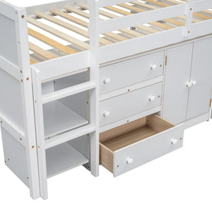 English Elm Twin Low Loft Bed with Pull Out Desk Drawers Cabinet and Shelves for Kids W697S00029