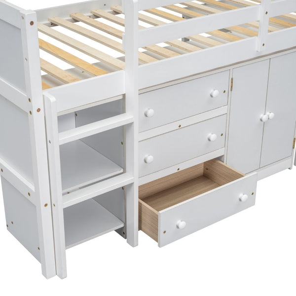 English Elm Twin Low Loft Bed with Pull Out Desk Drawers Cabinet and Shelves for Kids W697S00029