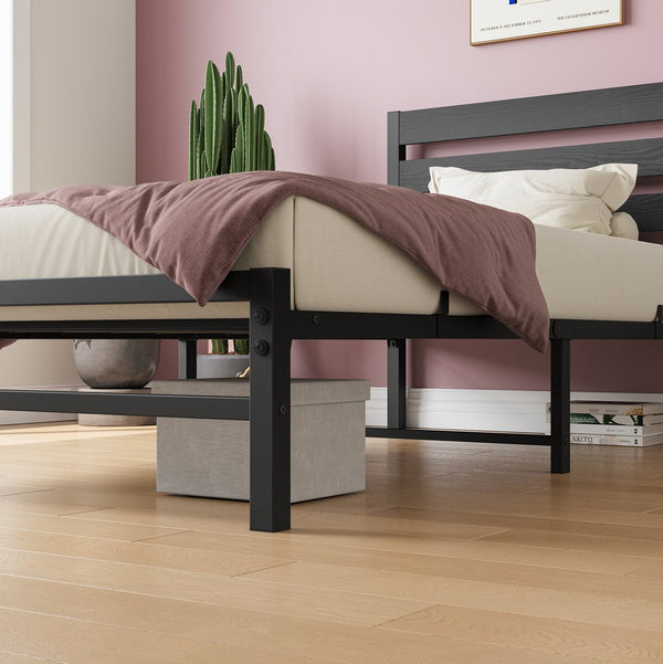 English Elm Twin Rustic Platform Bed Frame with Vintage Wood Headboard, 10.6" Under-Bed Storage, Heavy-Duty Steel Slats W840P164954