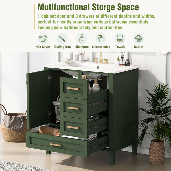 English Elm 30" Modern Bathroom Vanity with Solid Wood Frame, Ceramic Sink, Gold Handles & Soft-Close Storage Green WF321698AAF