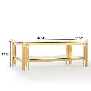 English Elm Top Tier Dual Shelf Tempered Glass Coffee Table with Mirror Polished Steel Frame Gold W1311S00234
