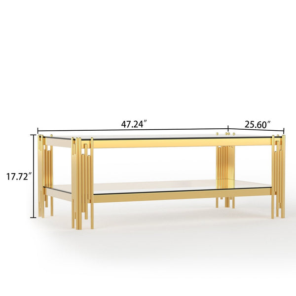 English Elm Top Tier Dual Shelf Tempered Glass Coffee Table with Mirror Polished Steel Frame Gold W1311S00234