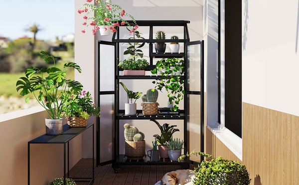 English Elm Topmax Fir Wood Polycarbonate Cold Frame Greenhouse with Wheels Adjustable Shelves Outdoor Black WF297923AAB