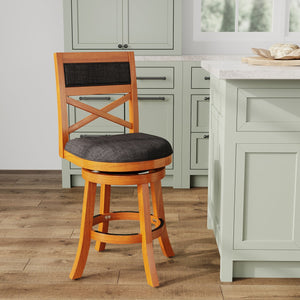 English Elm 24" Counter Height X-Back Swivel Stool with Padded Seat, Solid Hardwood Frame, Durable Swivel Mechanism Natural B04660718