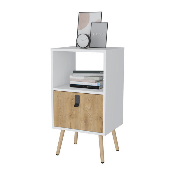 English Elm White Tall Nightstand with Macadamia Finish, Open Shelf & Deep Drawer on Wooden Legs for Bedrooms B062P175195