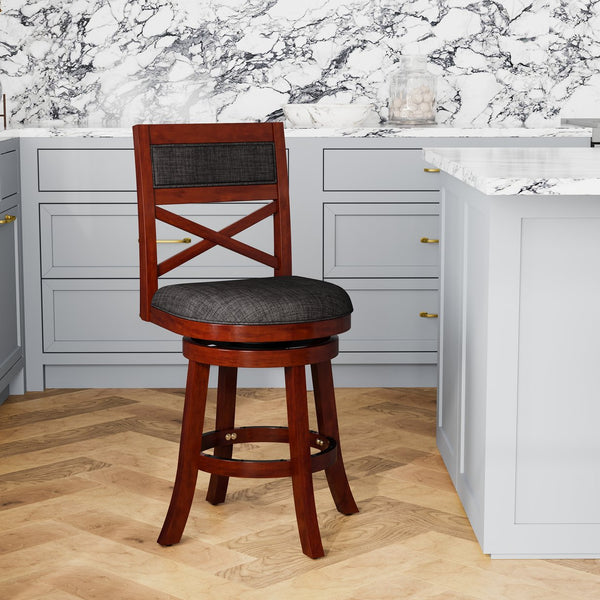 English Elm 24" Counter Height X-Back Swivel Stool with Padded Seat, Solid Hardwood Frame, Durable Swivel Mechanism Cherry B04660710