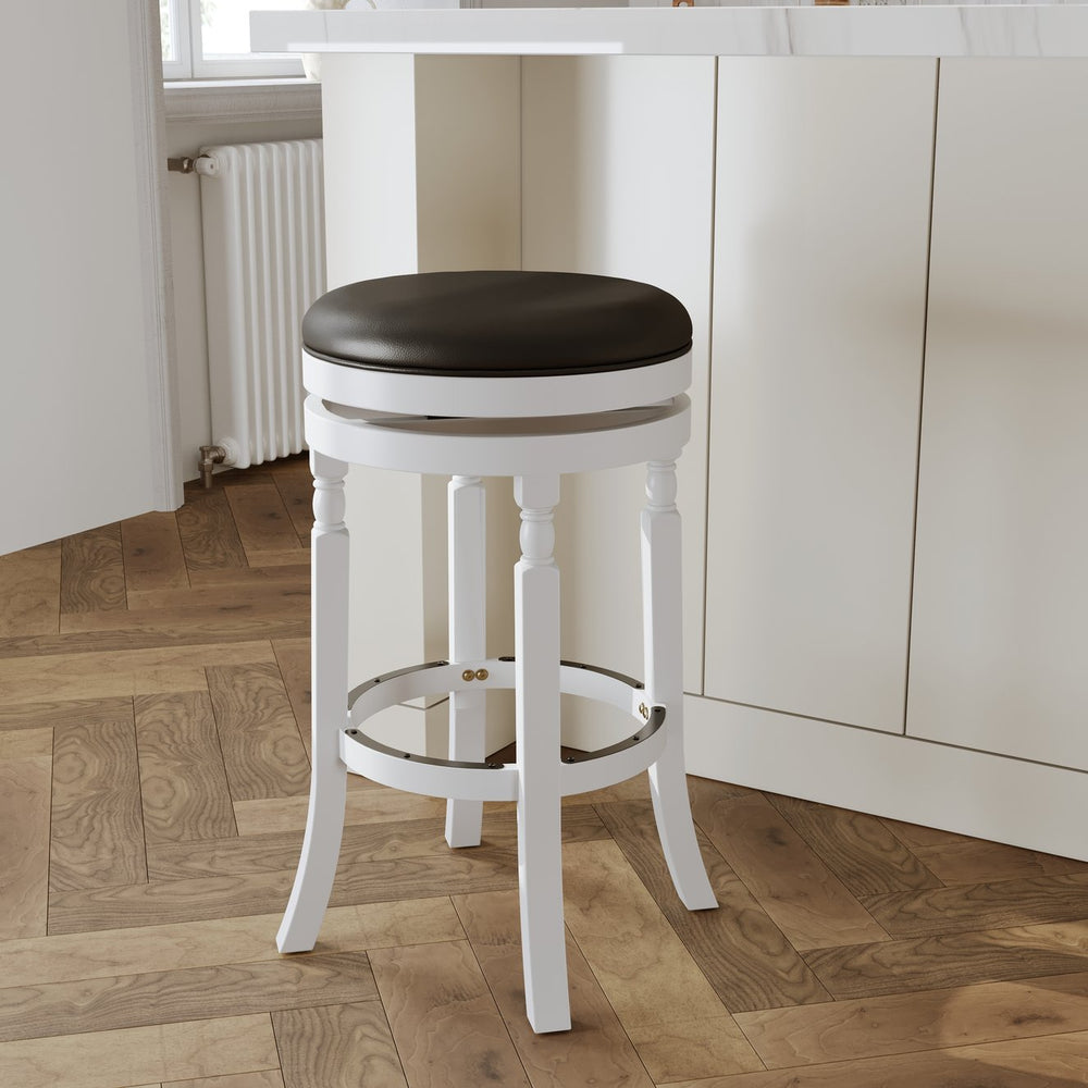 English Elm 30" Bar Stool - Classic White Finish, Comfortable Black Leather Seat, Swivel & Durable Design B04660737