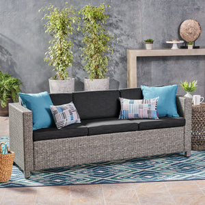 English Elm Christopher Knight Home® - PUERTA Outdoor 3-Seater Sofa with Weather-Resistant Cushions, Woven PE Rattan, Iron Frame, Modern Design 62979.00BLK