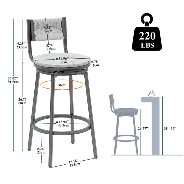 English Elm Creamy Hand Woven Paper Rope Swivel Barstools Set of 2 with Black Steel Frame for Kitchen Creamy White W1757P144565