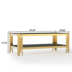 English Elm Top Tier Dual Shelf Tempered Glass Coffee Table with Mirror Polished Steel Frame Black+Gold W1311S00233