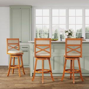 English Elm 30" Bar Height X-Back Swivel Stool - Classic Design, Beige Padded Seat, Durable Hardwood Frame B04660717
