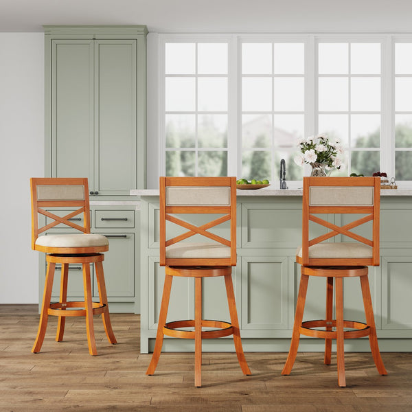 English Elm 30" Bar Height X-Back Swivel Stool - Classic Design, Beige Padded Seat, Durable Hardwood Frame B04660717