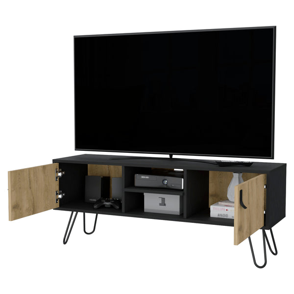 English Elm Wenge Hairpin Legs TV Rack with Macadamia Finish, 2 Doors, 4 Shelves, Cable Management, 47.6" B062P175180