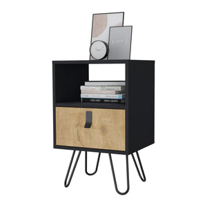 English Elm Wenge Nightstand with Macadamia Finish and Hairpin Legs — Compact Drawer, Open Shelf, Stylish Bedside Storage (24.8"H x 15.75"W x 13.78"D) B062P175196