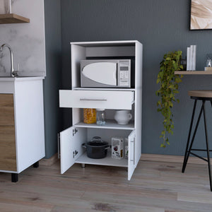 English Elm White Pantry Cabinet with Microwave Stand, Drawer, Open Shelf & Lower Cabinets — Sleek 48" White Finish B062P175202